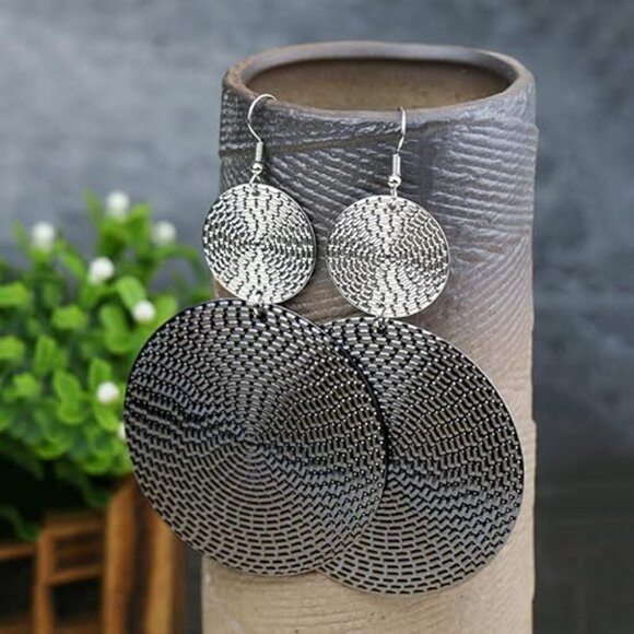 Large Geometric Double Round Disc Dangle Drop Earrings - Picture 2 of 3